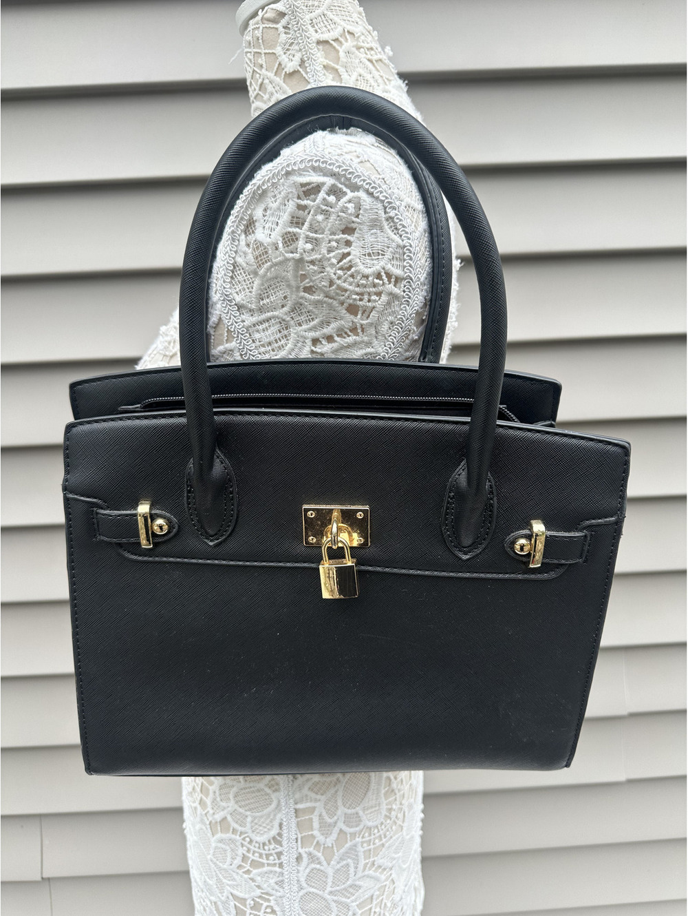 Classic Black Structured Satchel Bag with Gold Lock Detail